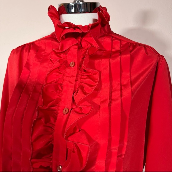 Vintage 70 80 Lilli Ann Retro Victorian Red Ruffle Front Feminine Tuxedo shirt - Picture 1 of 17